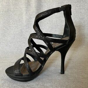 Michael Shannon Black Sequin Strappy Stilettos w/ Back Zip.  Size 7M